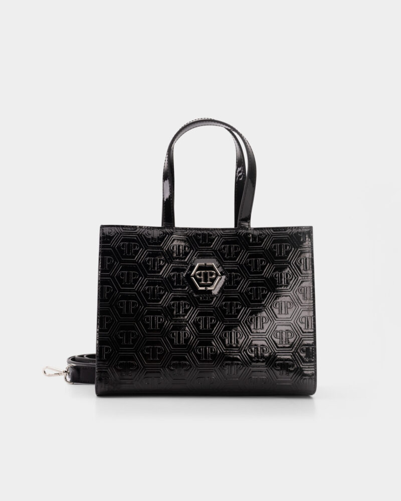 Philipp Plein Women's Patent Leather Medium Handle Monogram Bag Black WBA2047 PLE010N 02