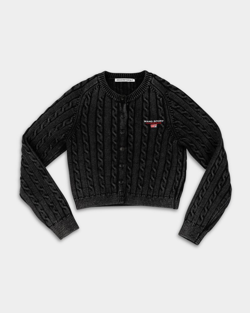 Alexander Wang Cropped Crewneck Cardigan w/ Wang Sport Embroidery Washed Black 4KC2251050 011